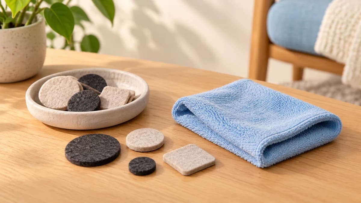 Illustration: Felt pads and a soft cloth beside wooden pieces