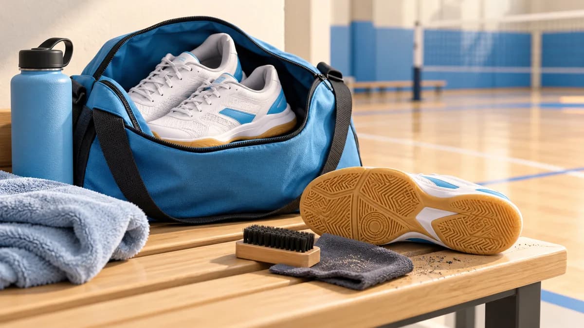 Illustration: Indoor court shoes, a brush and a towel beside a sports bag.