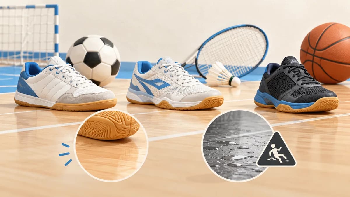 Illustration: Different sports shoes beside court surfaces and traction symbols.