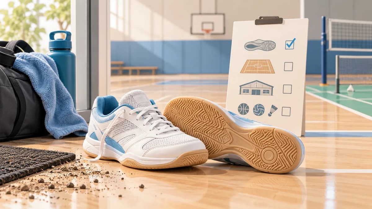 Illustration: Court shoes and a product checklist on an indoor sports floor.