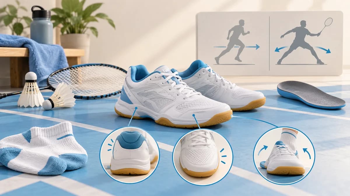 Illustration: Court shoes beside a racket, insoles and lateral-movement illustrations.