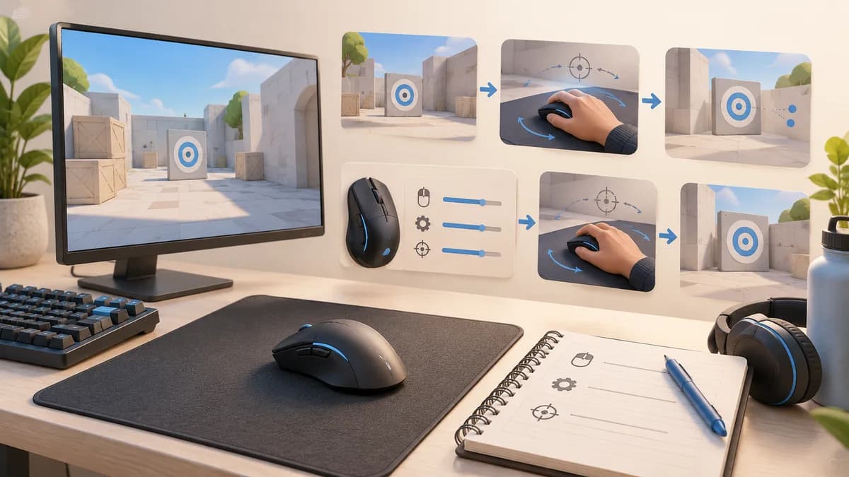 Illustration: A mouse and game screen beside an illustrated adjustment checklist.