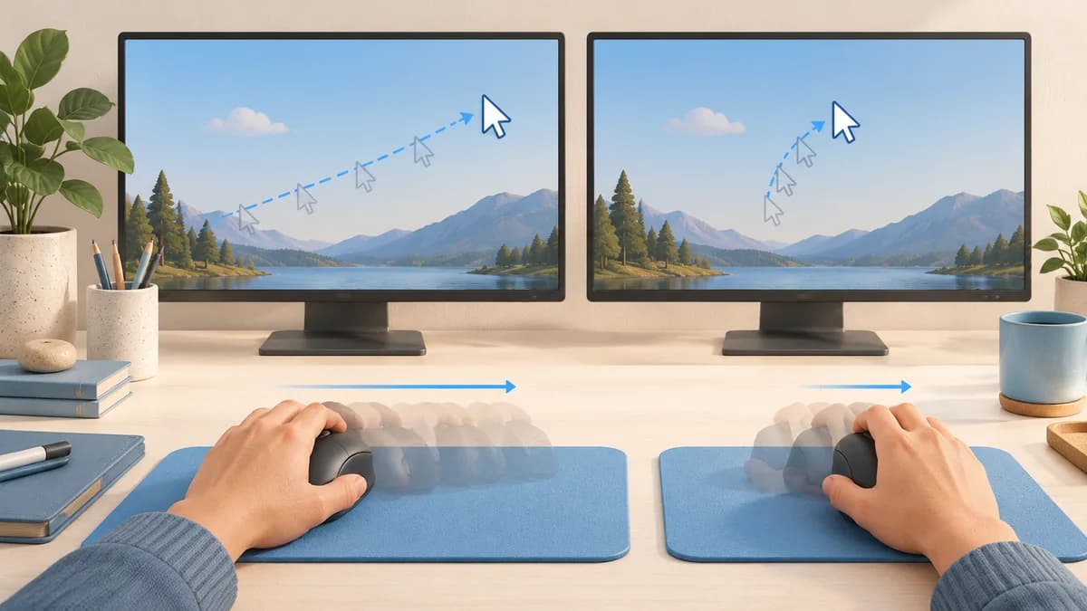 Illustration: Different hand movements and cursor travel illustrated across two screens.