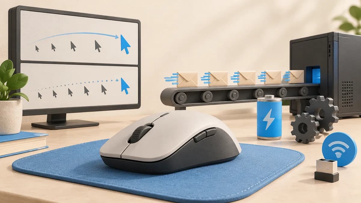 Illustration: A mouse and computer with repeated cursor reports illustrated between them.