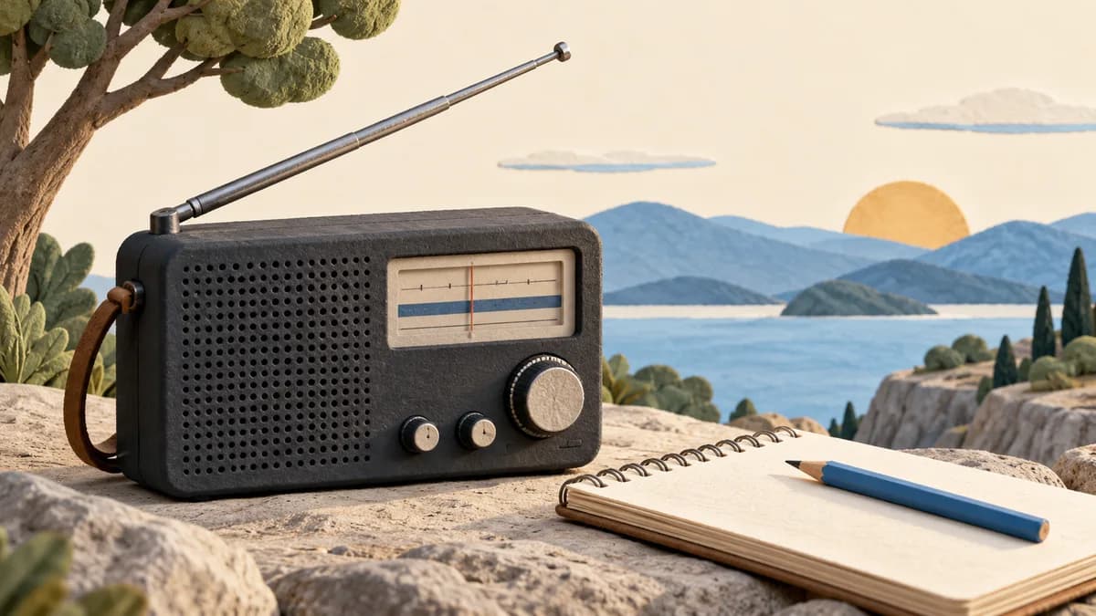 Illustration: Portable radio beside a notebook outdoors