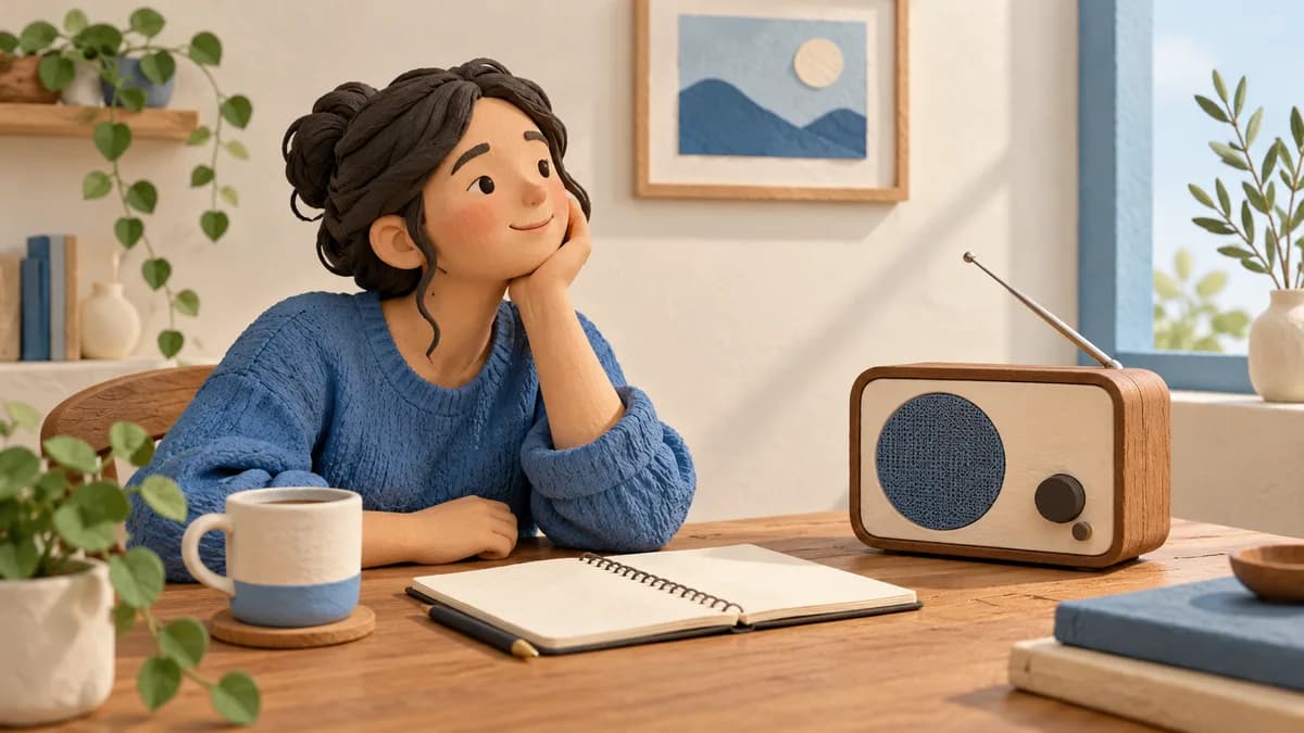 Illustration: A listener with a radio and notebook
