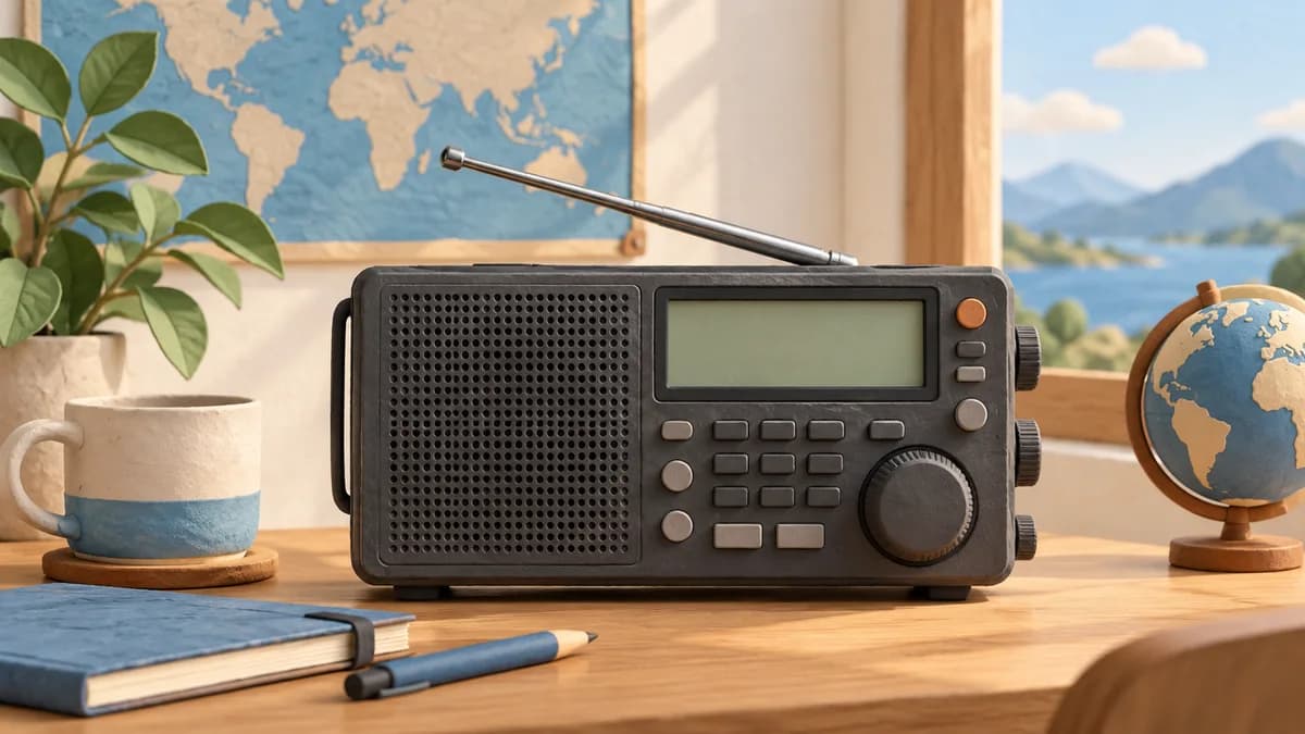 Illustration: Portable receiver beside a world map