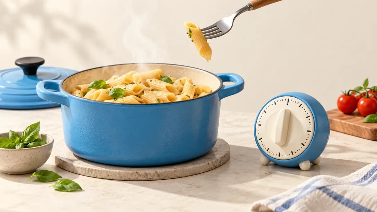 Illustration of pasta pot, kitchen timer and a fork lifting pasta
