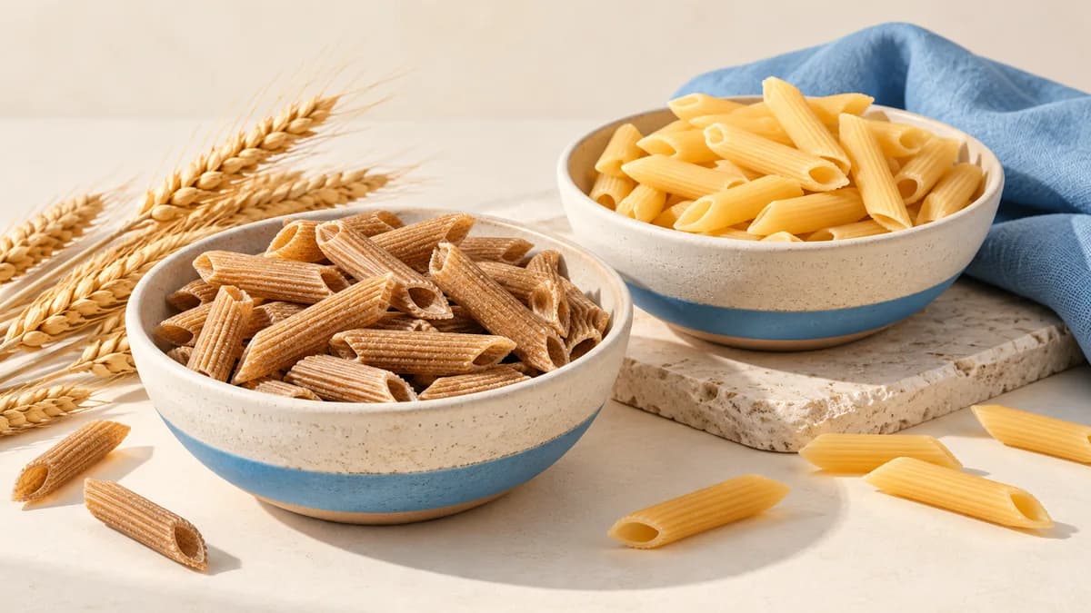 Illustration of bowls of brown whole-wheat and pale regular penne