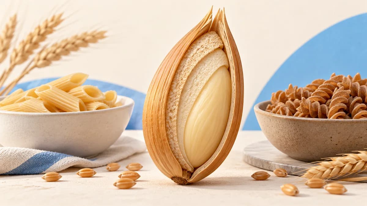 Illustration of wheat kernel cutaway beside two types of pasta