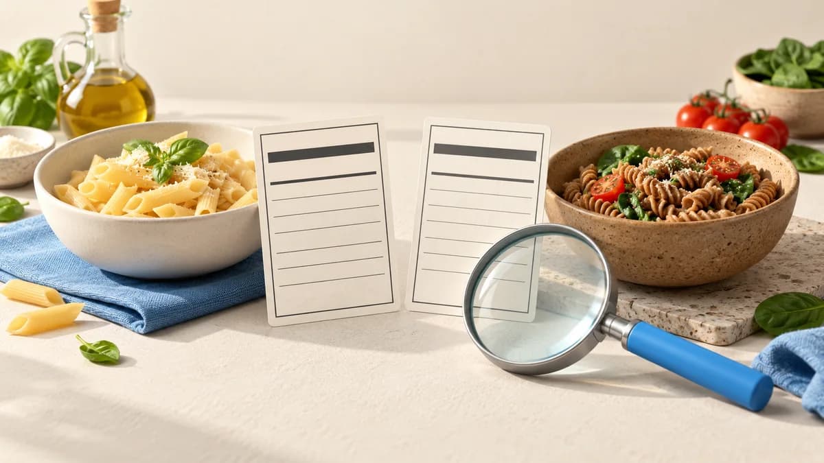 Illustration of two pasta dishes beside comparison cards and a magnifying glass