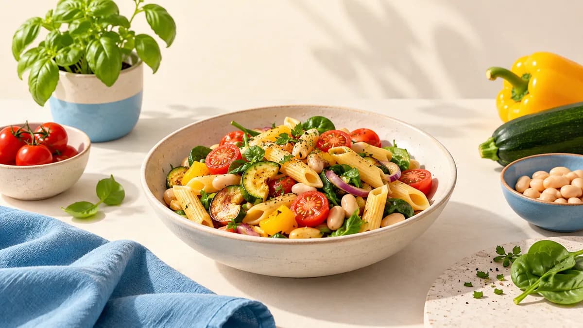 Illustration of pasta bowl with vegetables and beans