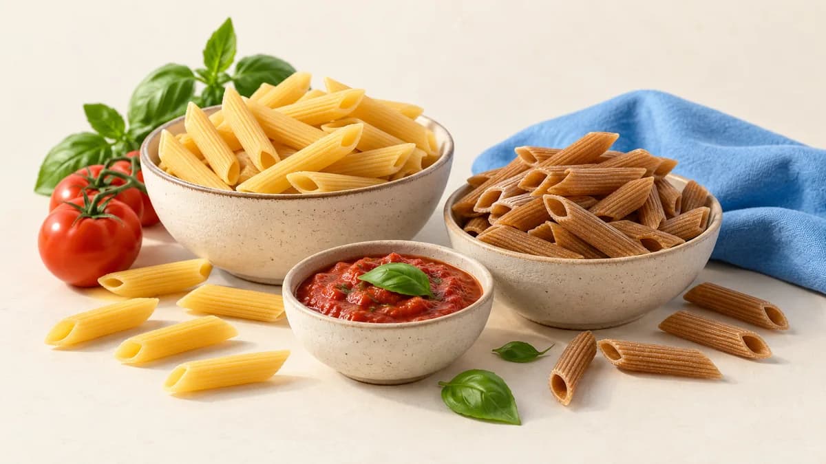 Illustration of brown and golden penne beside tomato sauce