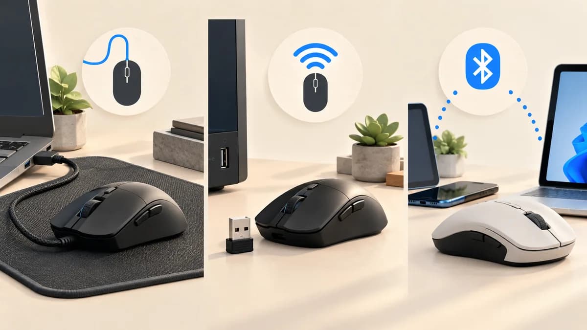 Illustration: Mice with a cable, USB receiver and wireless connection symbols.