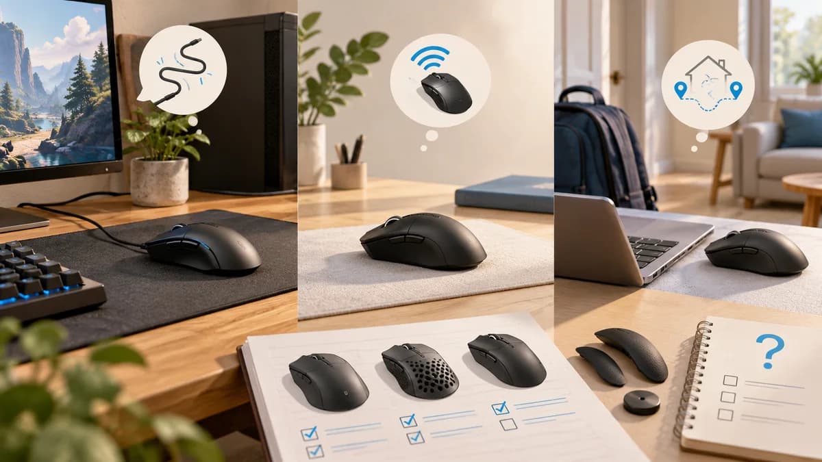 Illustration: Different connection setups and a notebook for choosing a mouse.