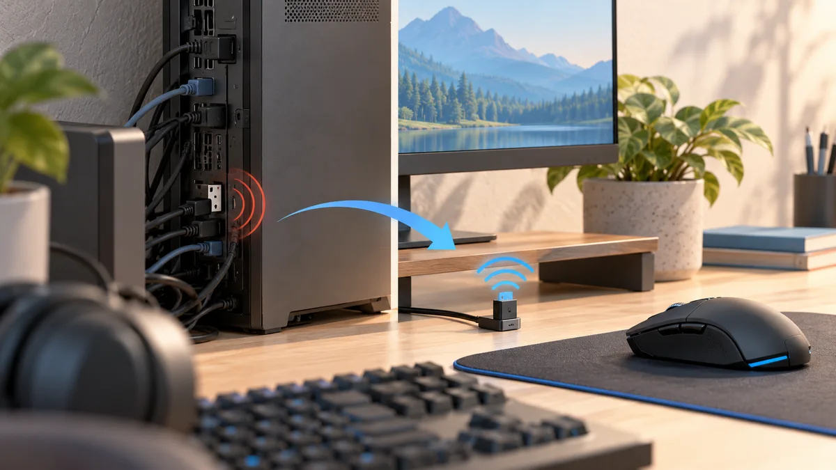 Illustration: A wireless receiver placed on a desk away from the computer tower.