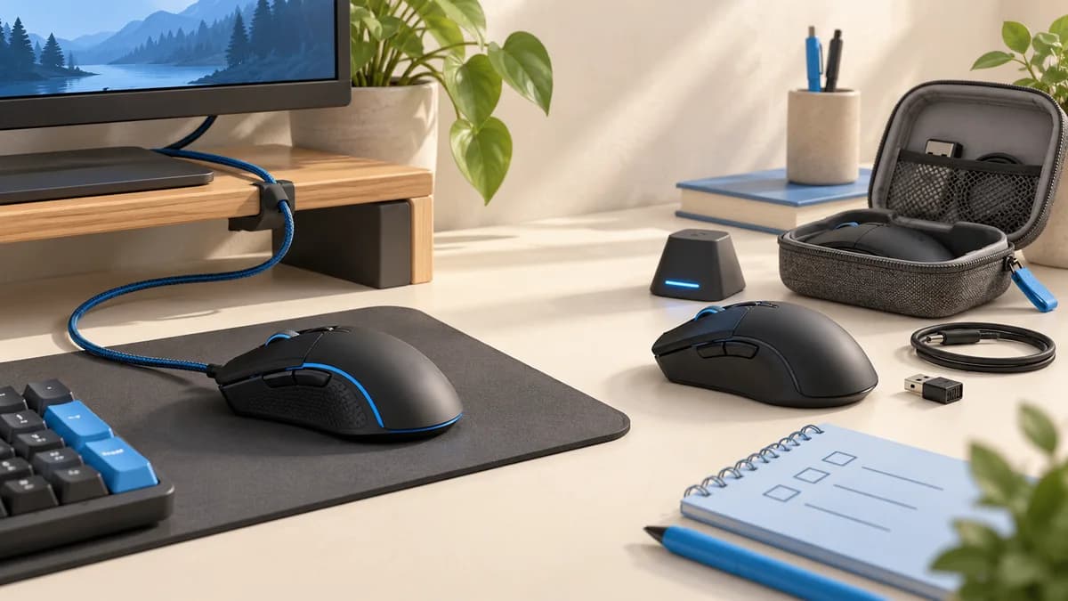 Illustration: A mouse charging cable and travel case beside a laptop.