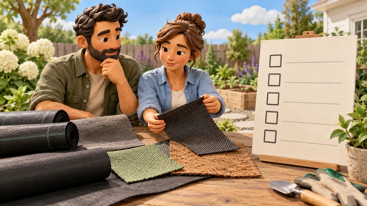 Illustration: two gardeners comparing fabric samples beside a blank checklist