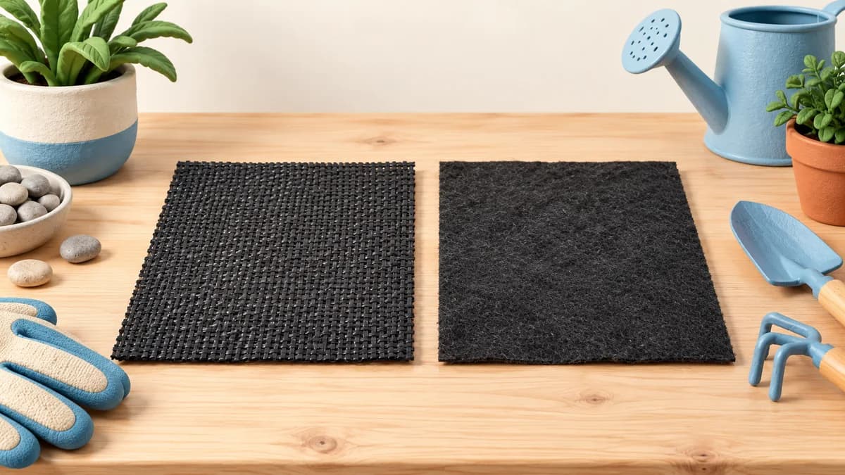 Two intact landscape fabric samples with woven and felt-like textures.