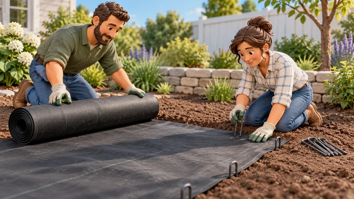 Illustration: gardeners laying fabric and securing its edges with landscape pins