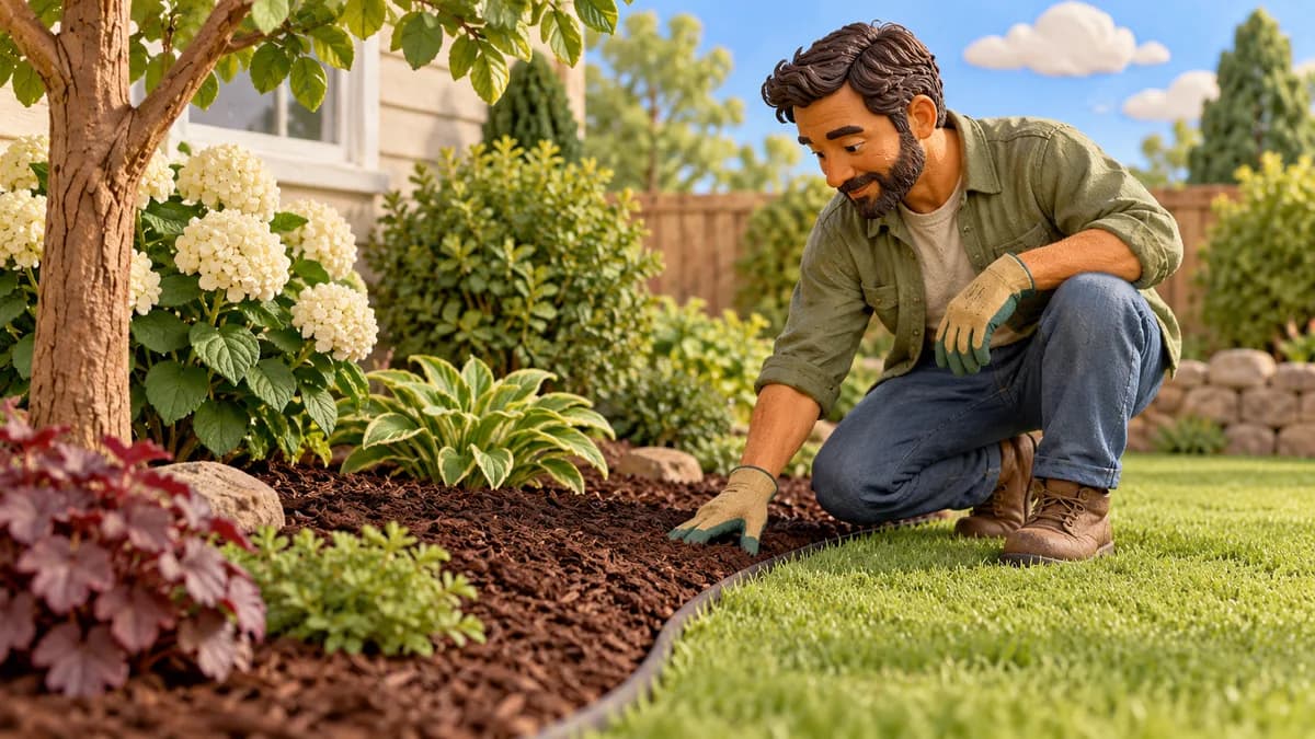 Illustration: gardener checking a mulched planting bed beside lawn edging
