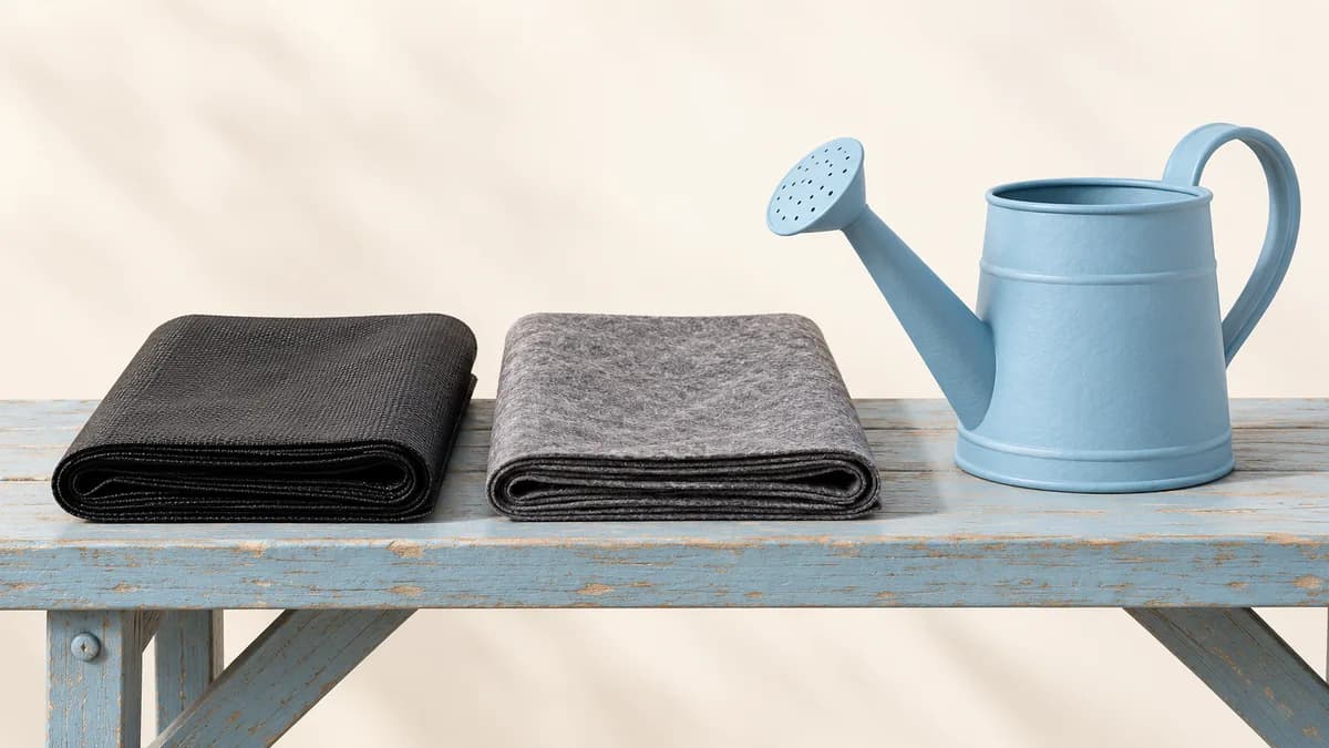 Two dry fabric samples beside a watering can.
